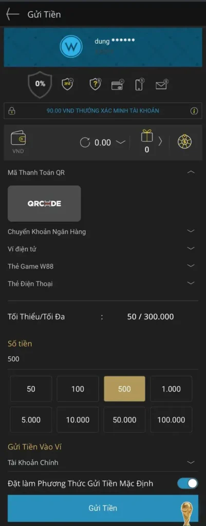 Chọn phương thức nạp tiền vào W88 và nhập số tiền