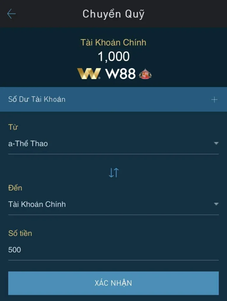 Chuyển về quỹ tiền tài khoản chính để rút tiền W88
