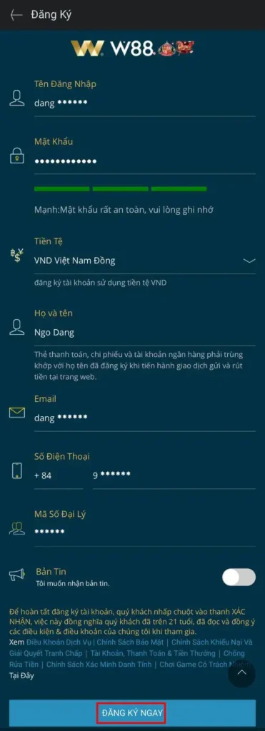 Điền thông tin đăng ký tài khoản W88 và xác nhận